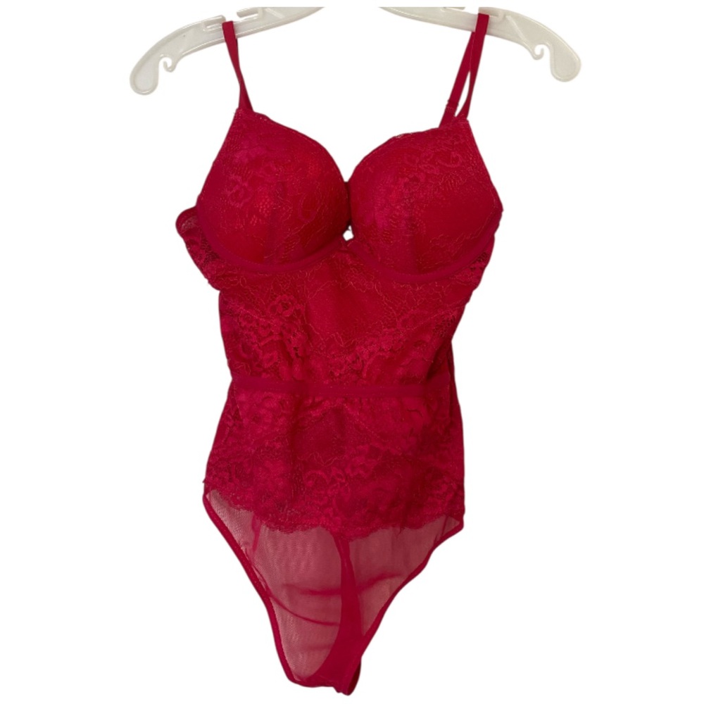 French Twist Teddy Bodysuit Fuchsia Floral Lace Sheer Padded Push-Up Underwire M